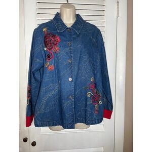 Vintage 90s Tantrums Collection  Denim Jacket Embroidered Floral Red Cuffs  L